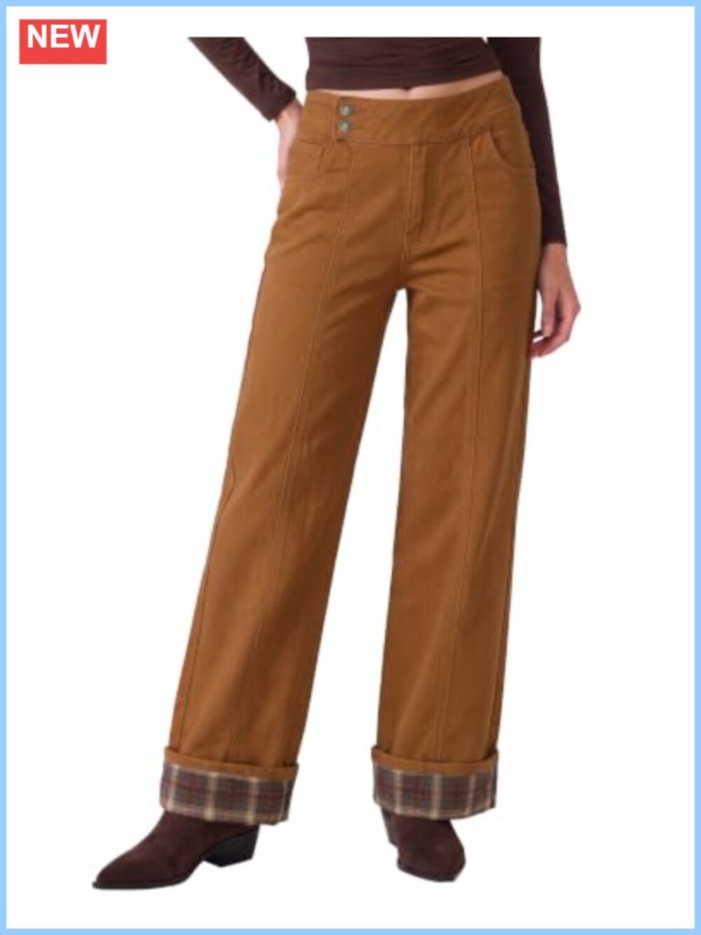 Wide Leg Jeans High Rise Stretch Denim Plaid Cuffed Hem Women's